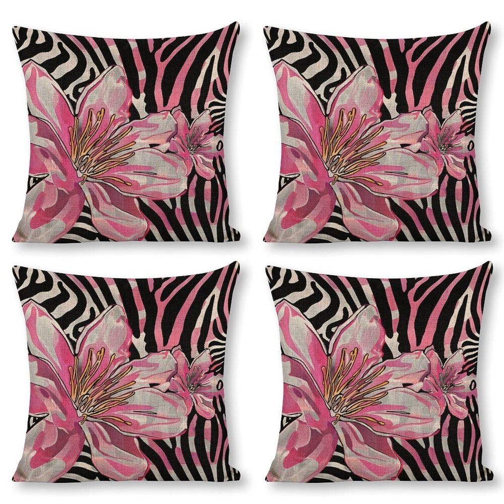 7858 Pink Floral Zebra Throw Pillow Covers Linen Pillow Cases 18x18 Inch